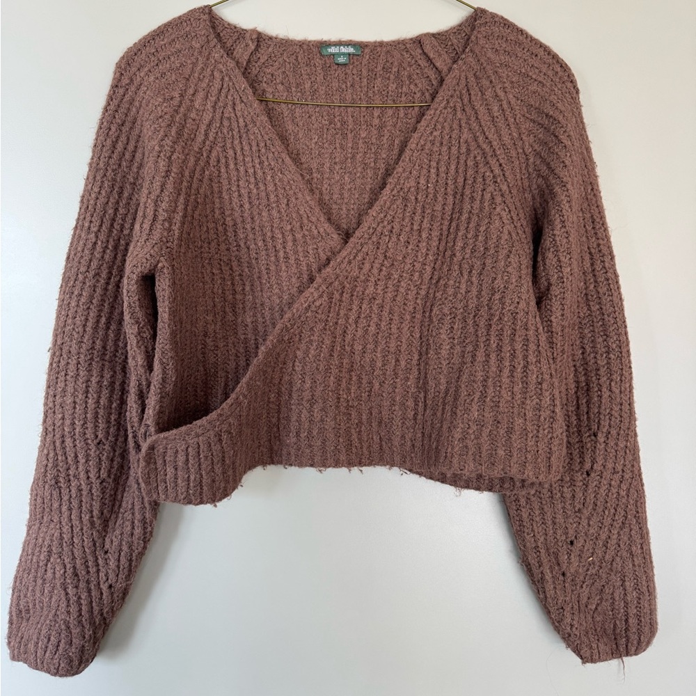 Cozy Knit V-Neck Ballerina Wrap Sweater in Brown